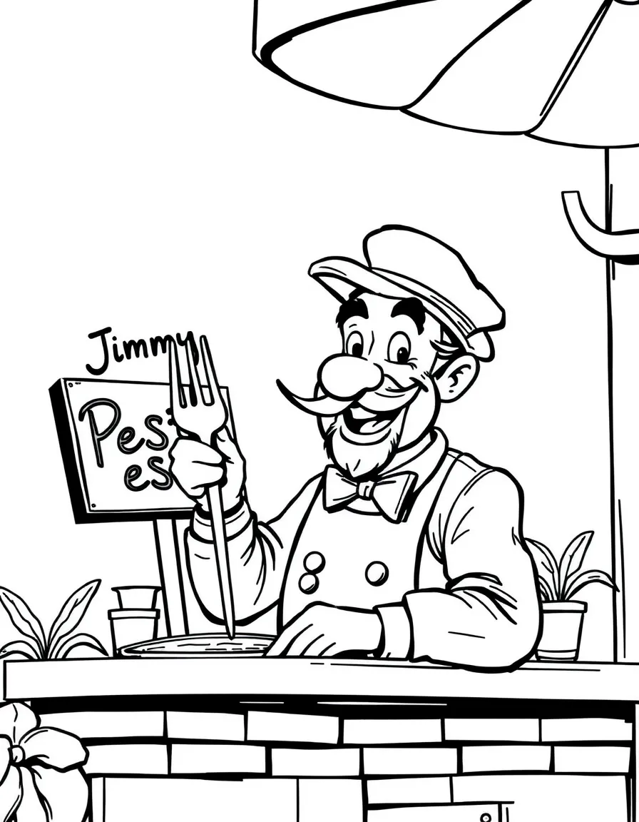 Jimmy Pesto with his rival restaurant sign