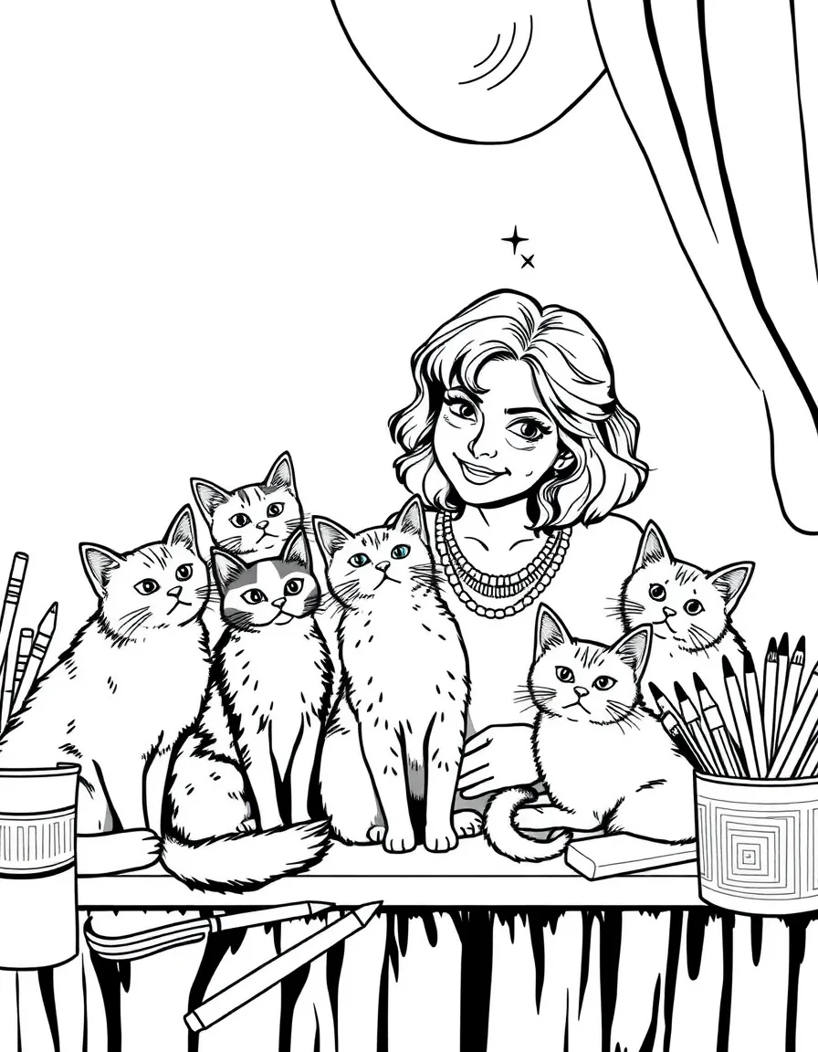 Gayle with her many cats and art supplies