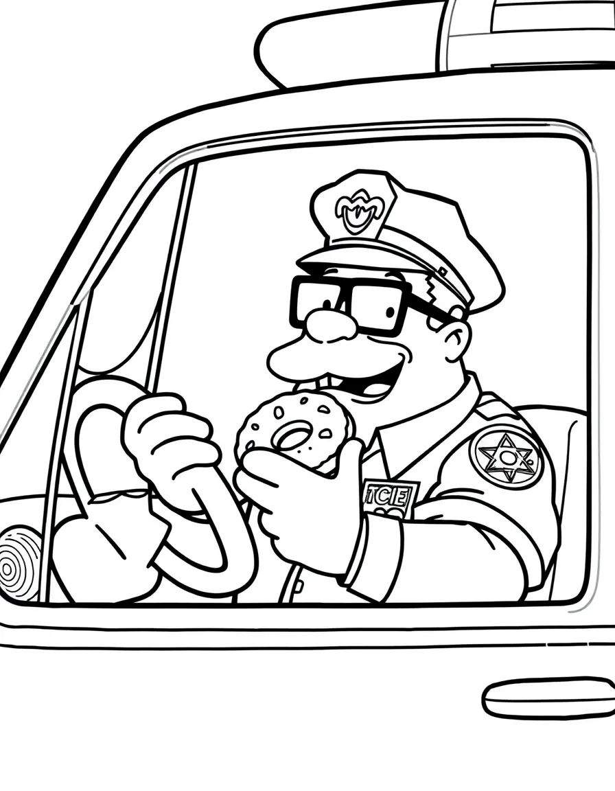Chief Wiggum eating donuts in his police car