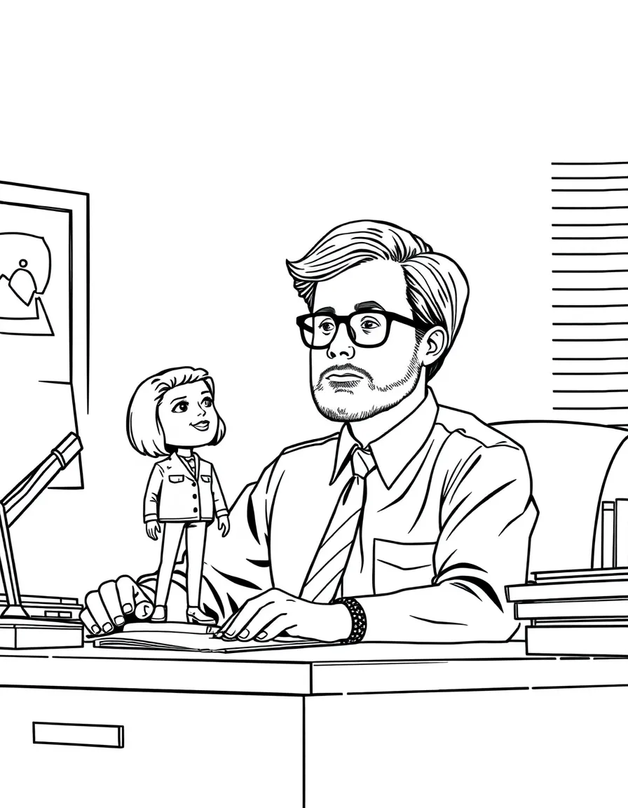 Dwight Schrute at his desk with bobblehead and mustard shirt
