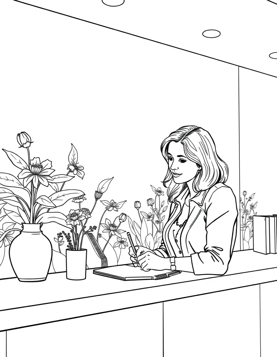 Pam Beesly sketching at the reception desk