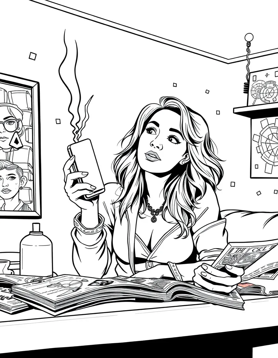 Mindy St. Claire in her medium place with cocaine and magazines