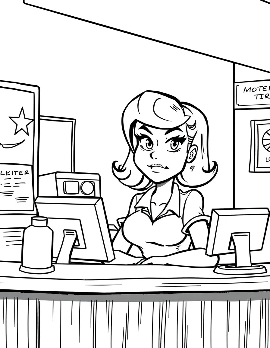 Stevie Budd with her sarcastic expression at the motel desk