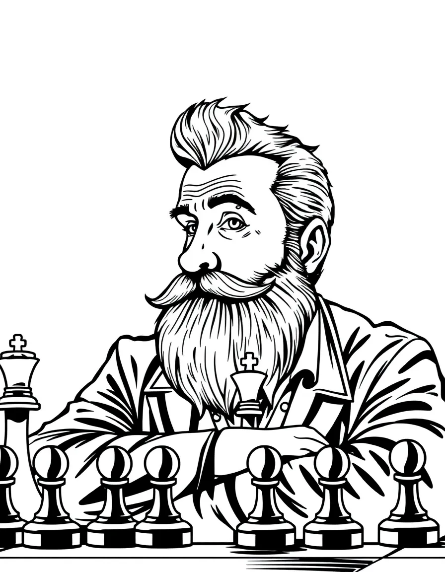 Coach Beard with his chess set and contemplative look
