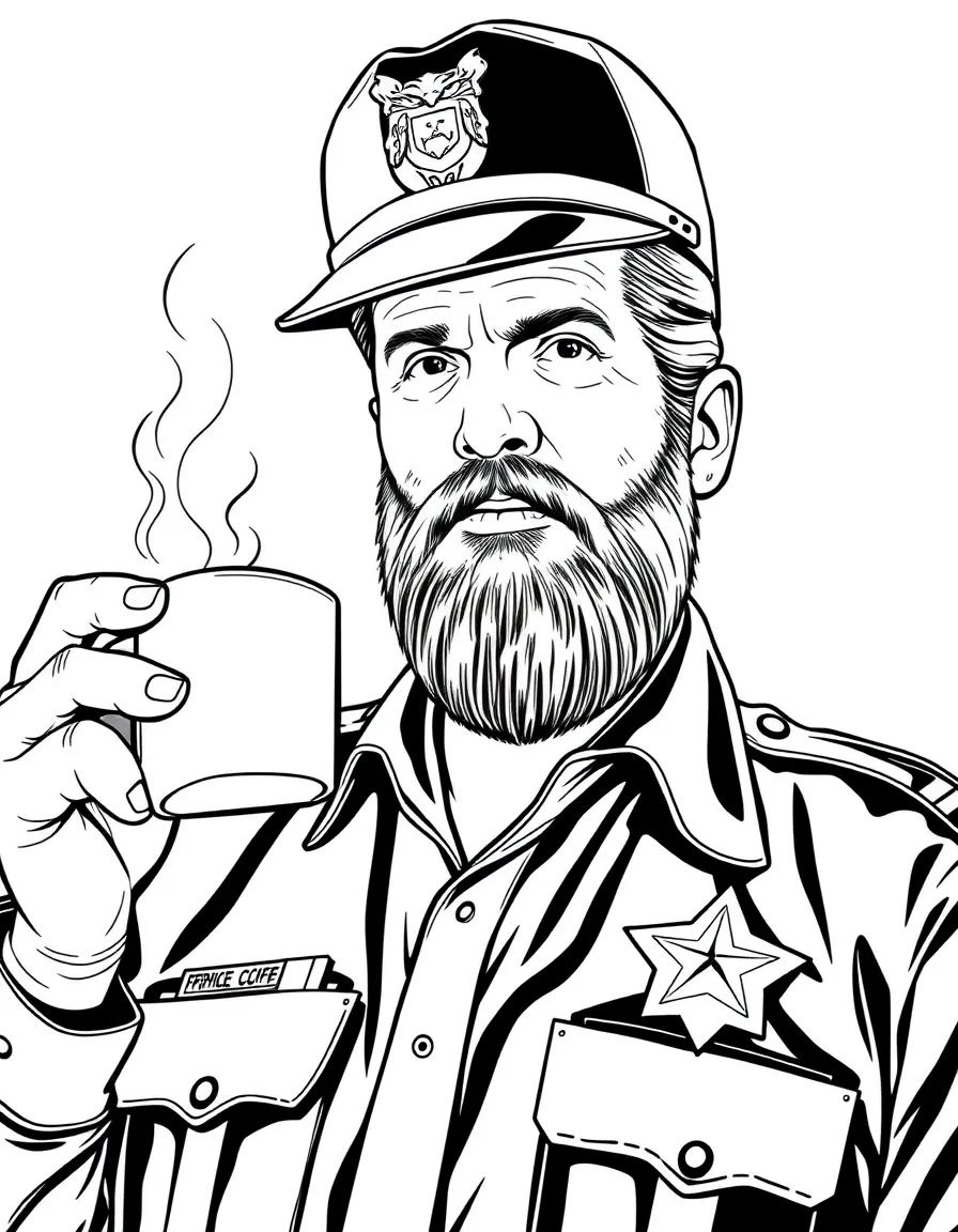 Jim Hopper in his police uniform with coffee