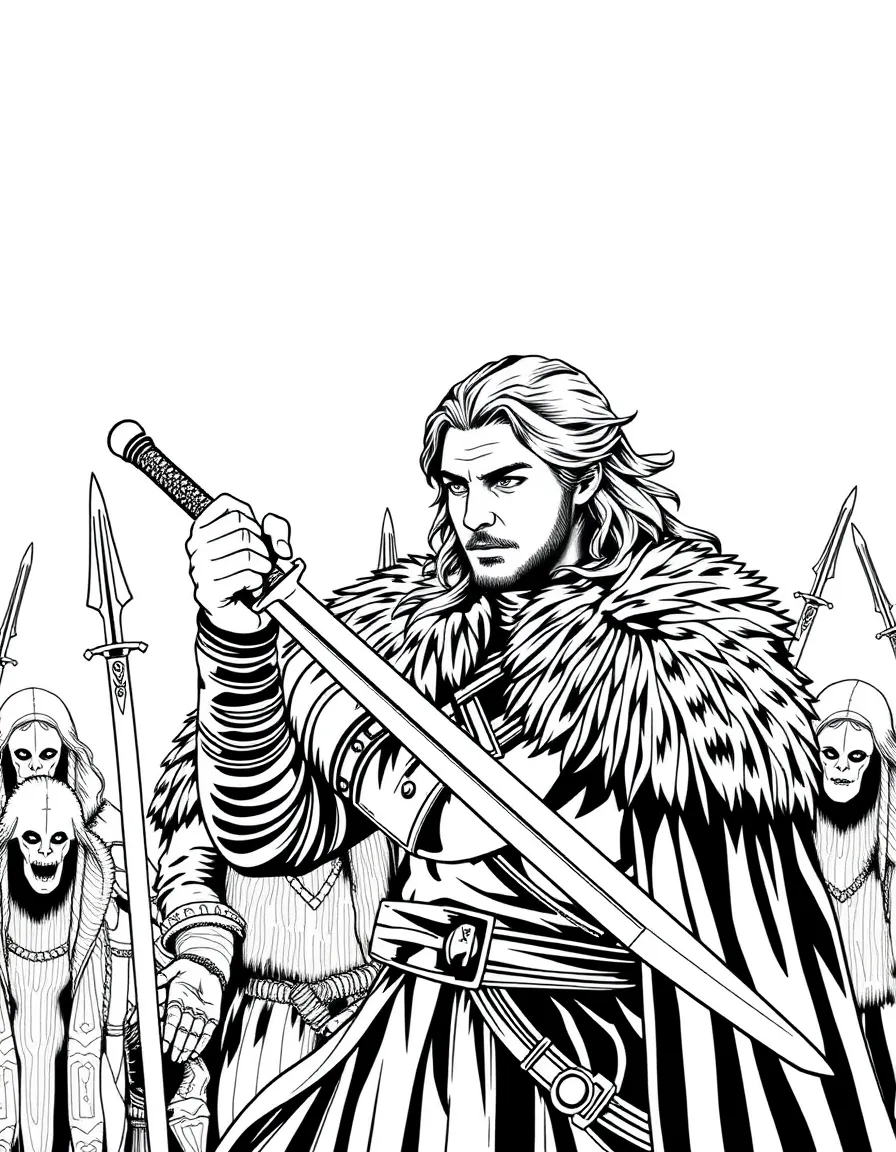 Jon Snow with Longclaw sword facing White Walkers