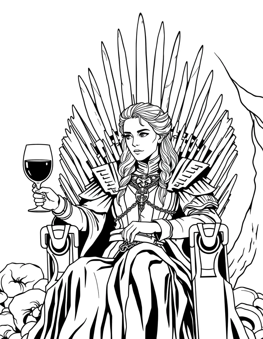 Cersei Lannister on the Iron Throne with wine glass