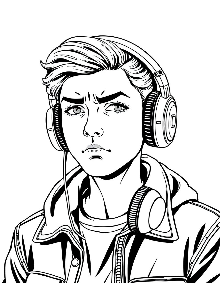 Kendall Roy with headphones and conflicted expression