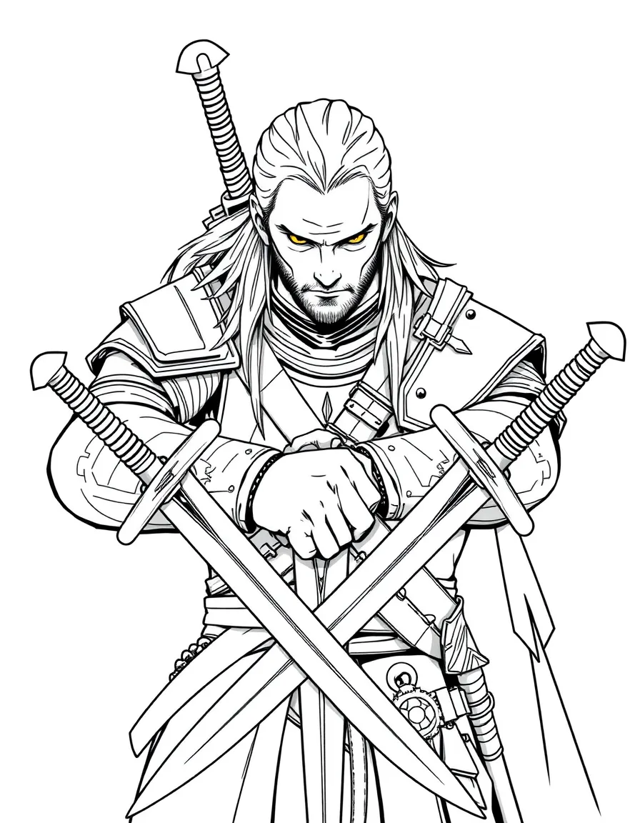 Geralt of Rivia with two swords and yellow eyes