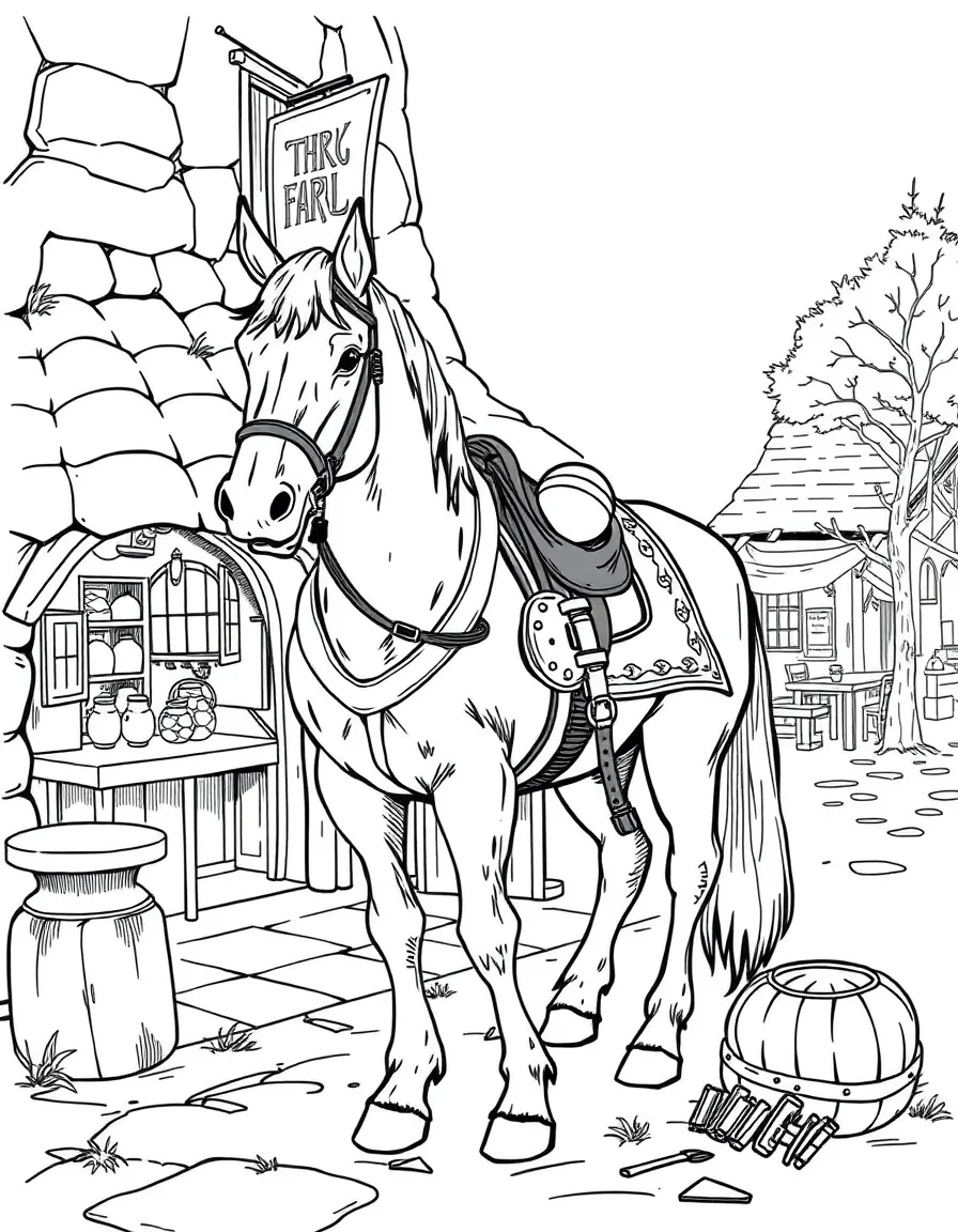 Roach (Geralt's horse) waiting patiently by a tavern