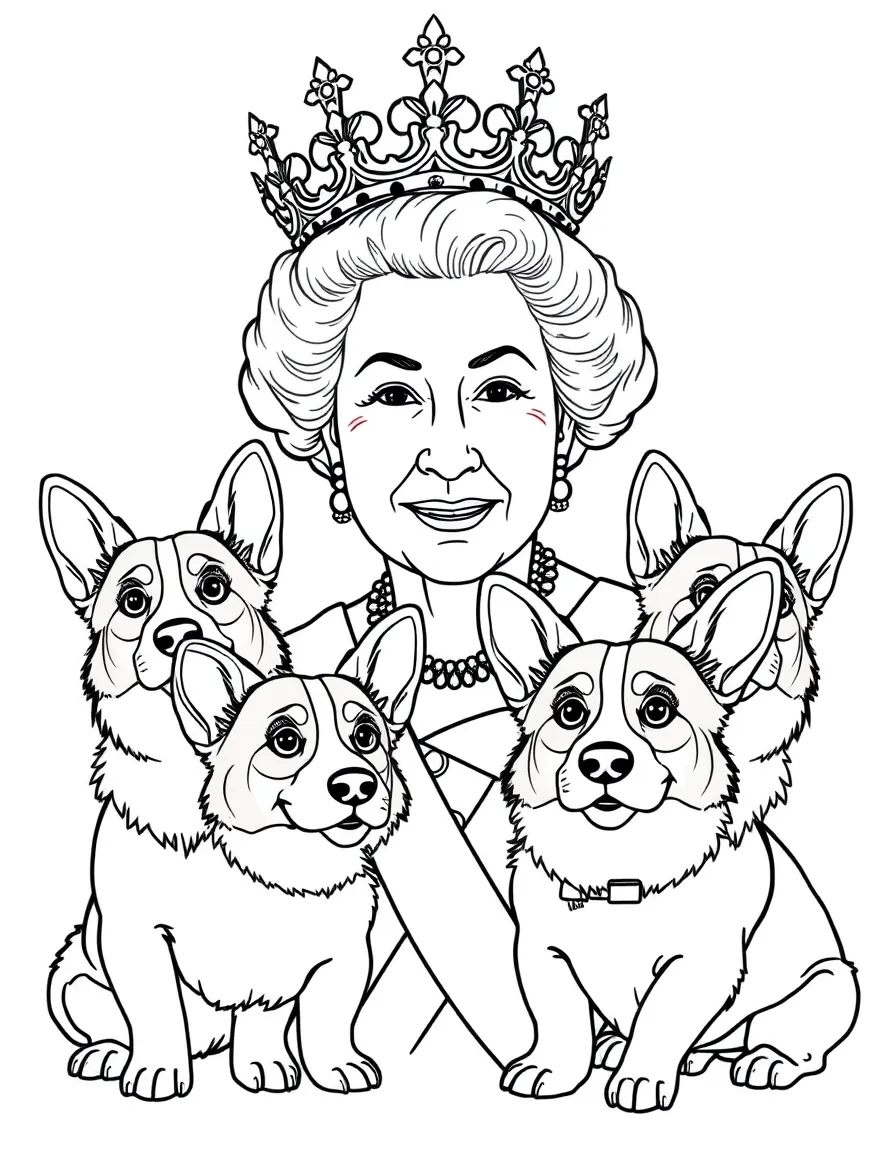 Queen Elizabeth II with her corgi dogs and crown