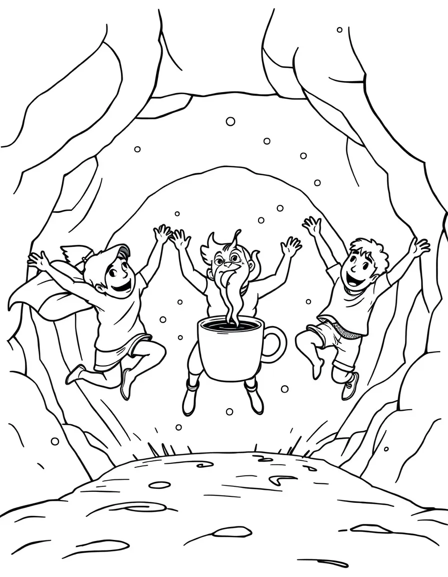 Five jumping through a time portal with coffee cup