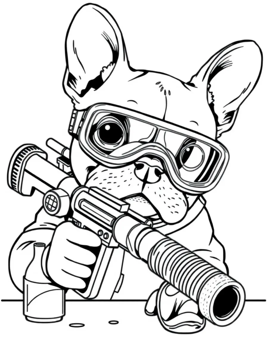 Frenchie working on a chemical weapon with goggles