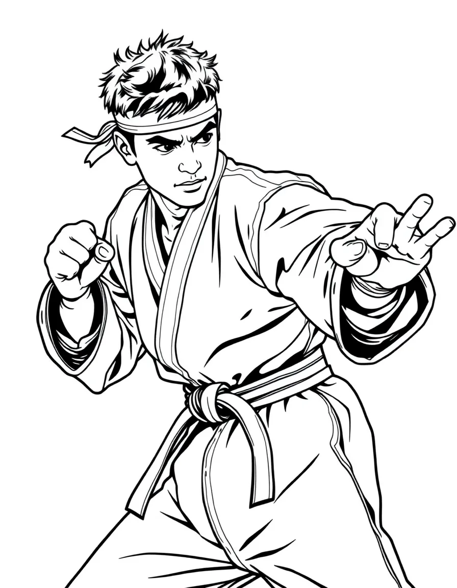 Daniel LaRusso in crane kick position with Miyagi-Do headband