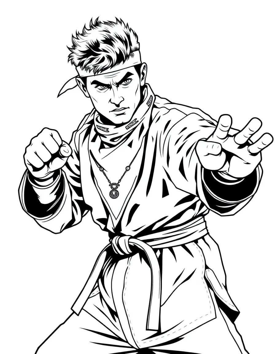 Johnny Lawrence in Eagle Fang karate stance with bandana