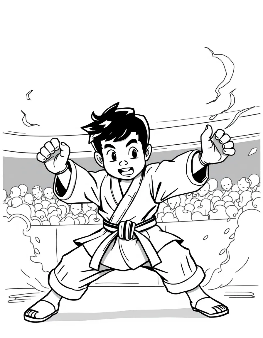 Miguel in mid-karate tournament fight