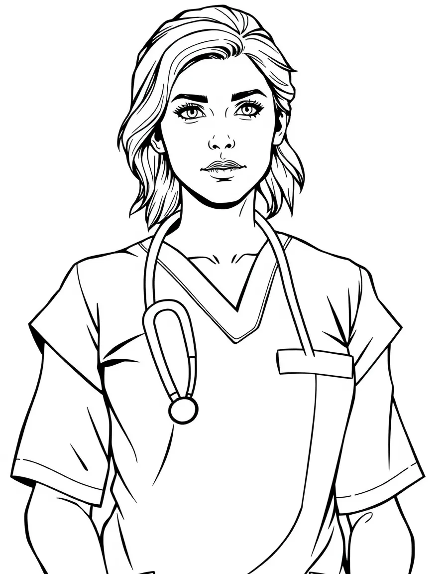 Meredith Grey in scrubs with stethoscope and determined expression