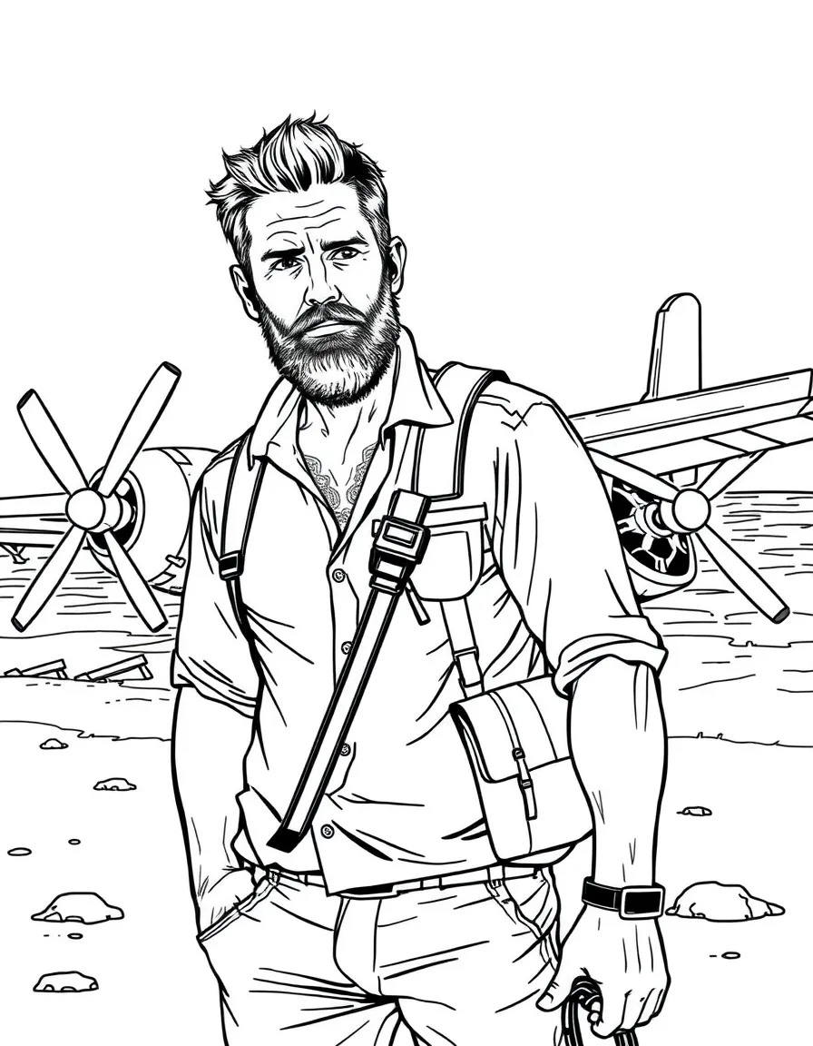 Jack Shephard on the beach with plane wreckage behind him