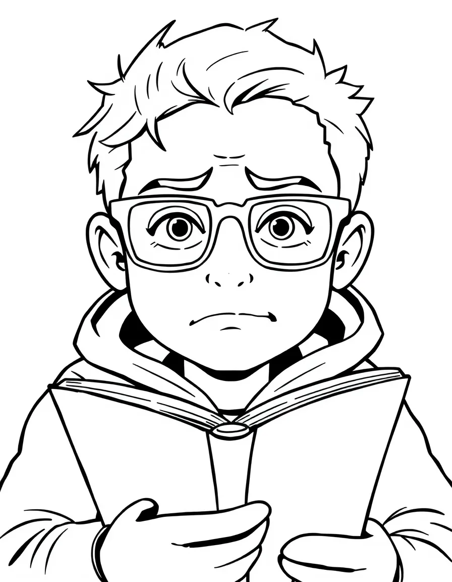 Sawyer reading with glasses and sarcastic expression