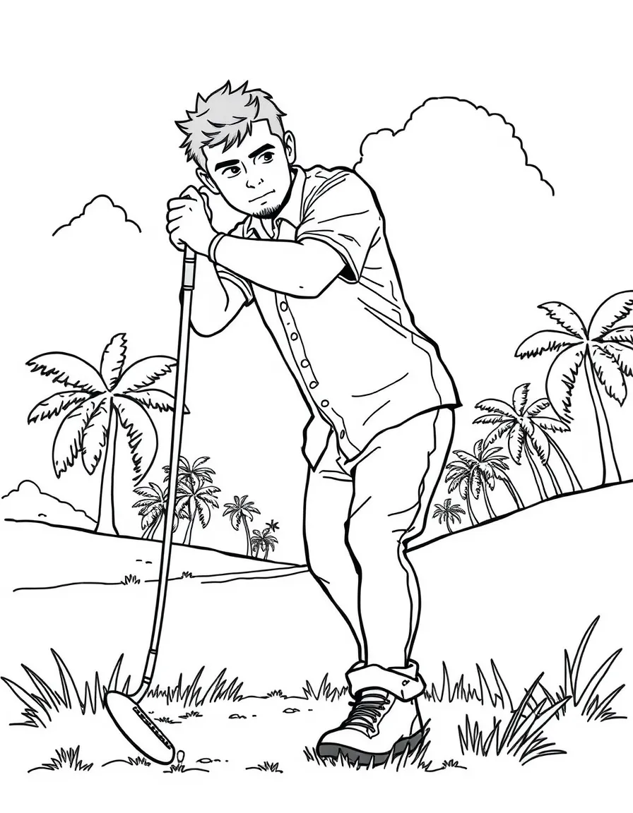 Hurley playing golf on the island with makeshift club