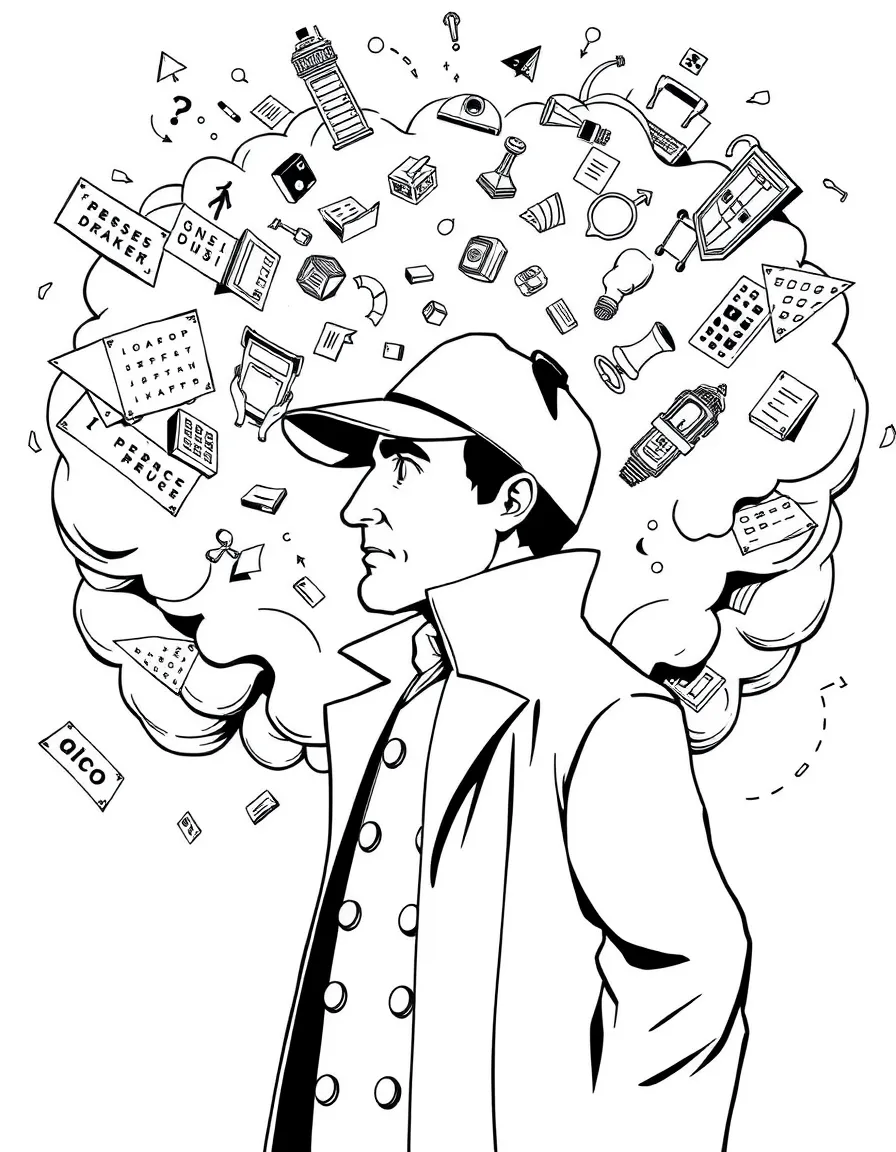 Sherlock Holmes in his mind palace with floating deductions