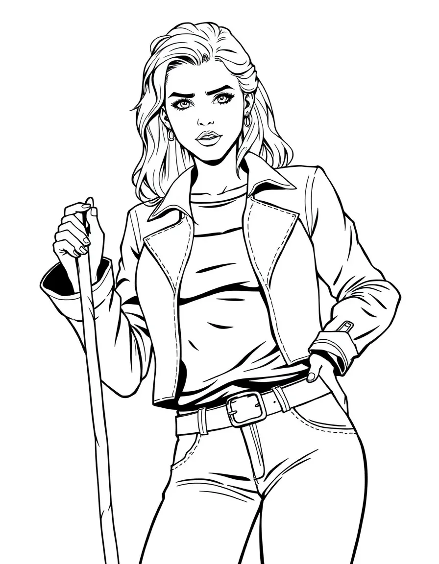 Buffy Summers with stake and stylish outfit