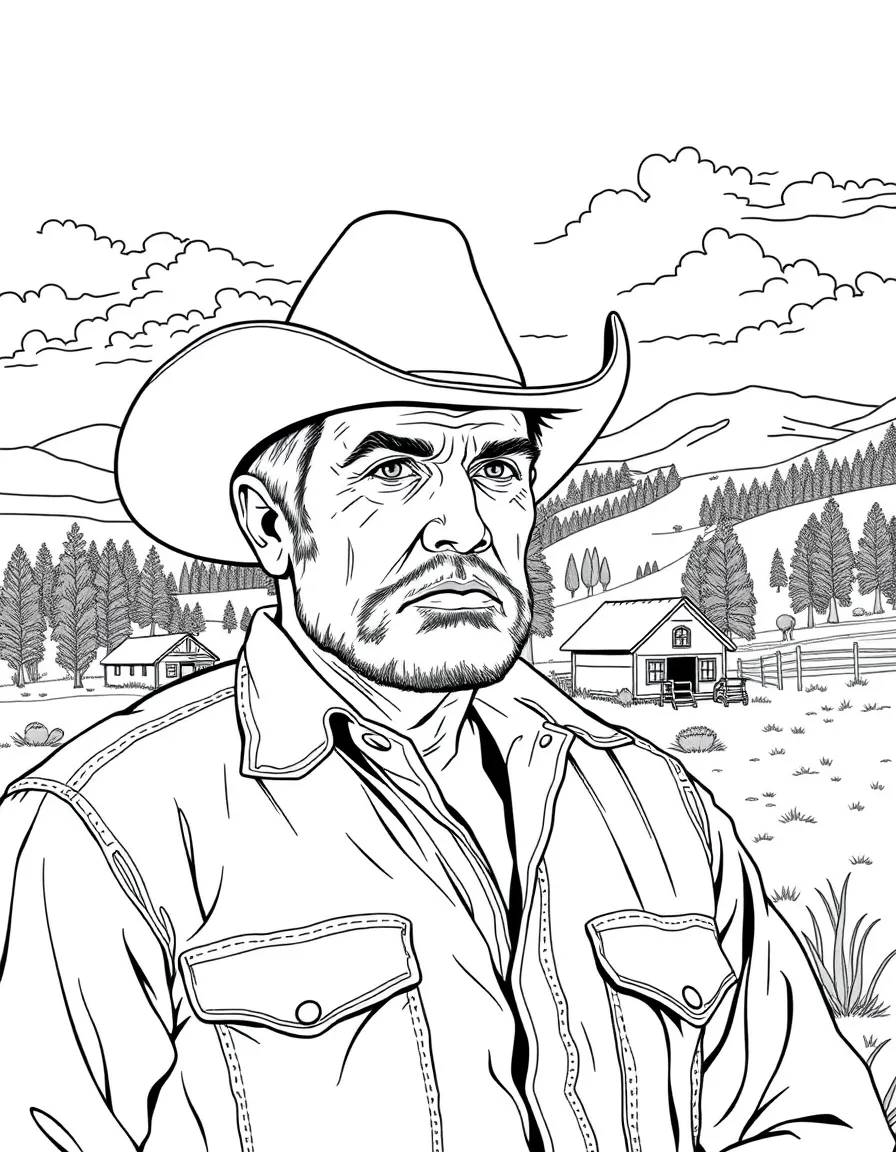John Dutton overlooking his ranch with stern expression
