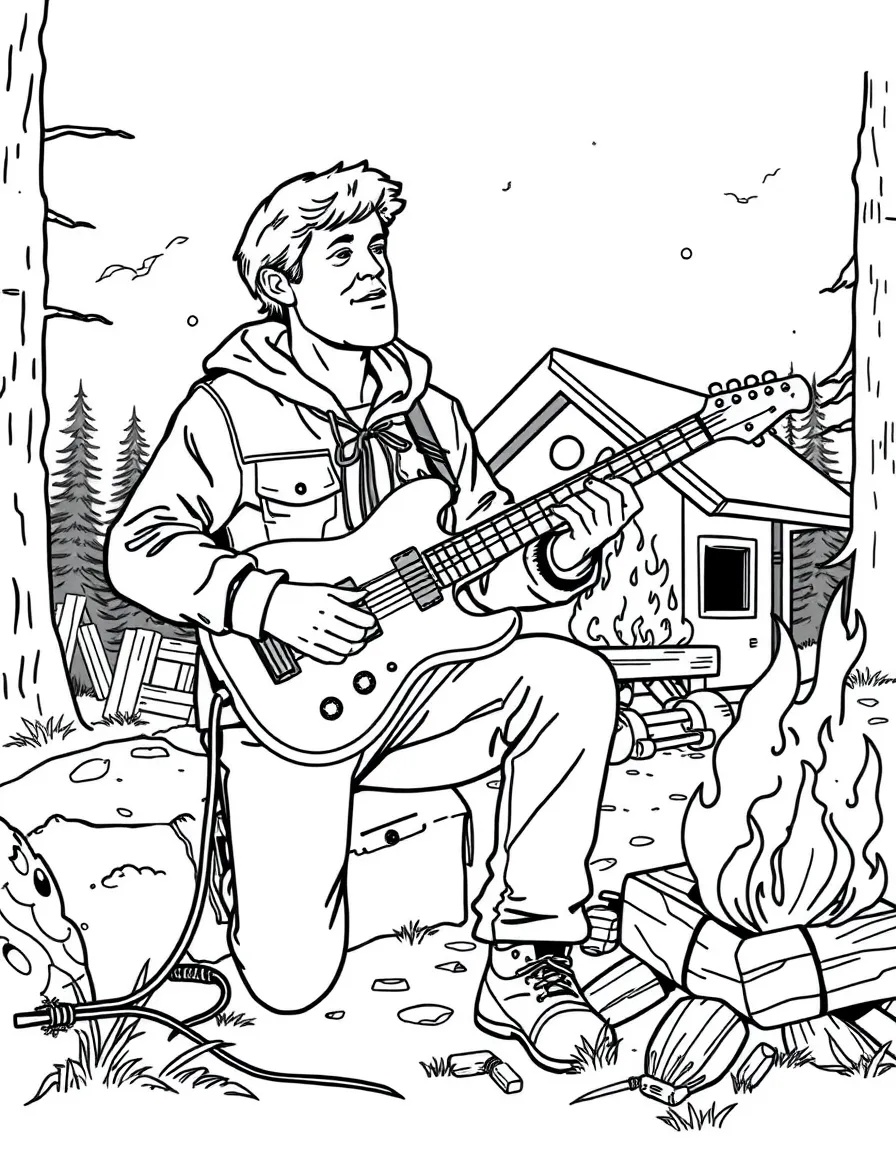 Walker playing guitar by the bunkhouse fire
