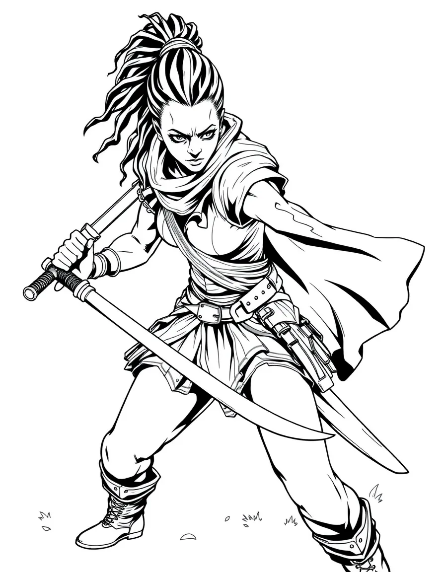 Michonne with her katana sword and fierce stance