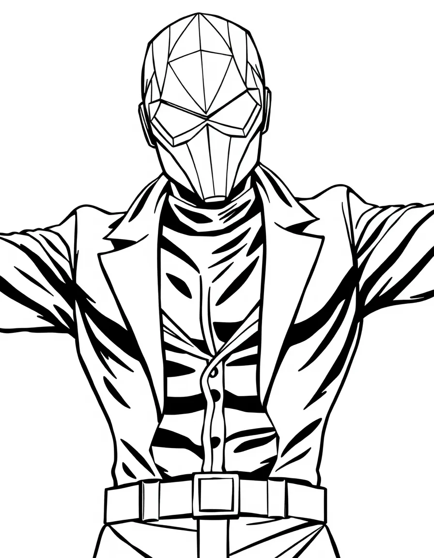 The Front Man with his geometric mask and dark suit