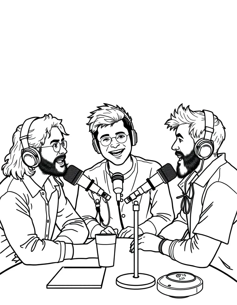 The trio recording their podcast with microphone