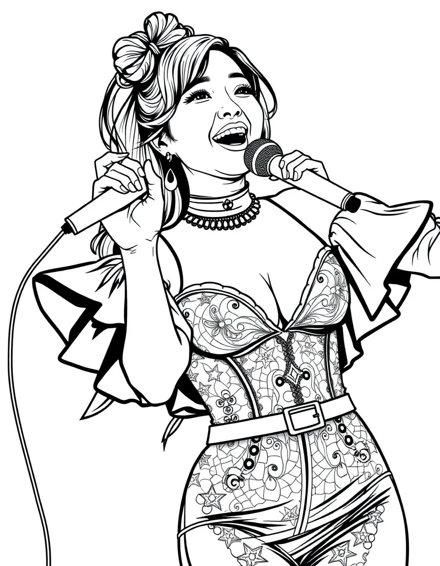 Mindy Chen performing with microphone and glamorous outfit