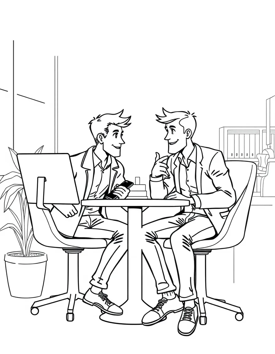 Luc and Julien gossiping at the marketing office