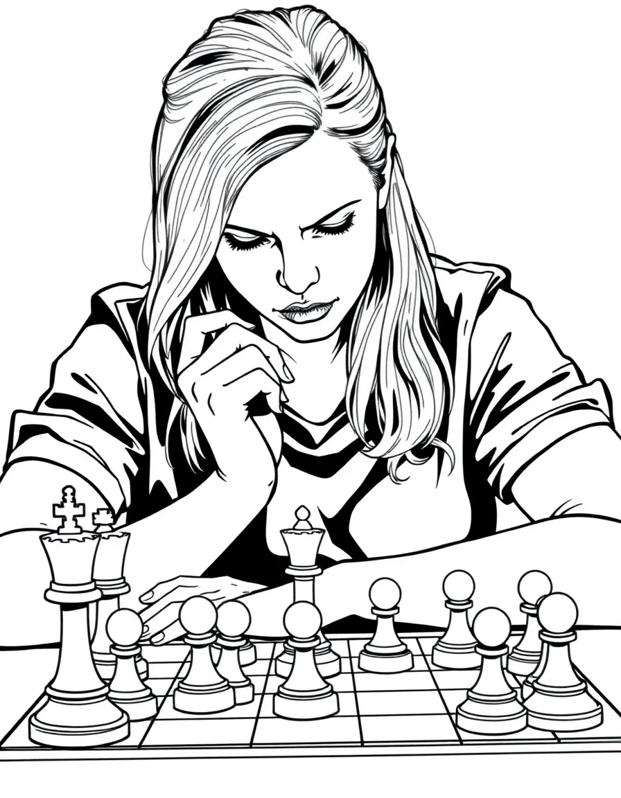 Beth Harmon studying a chess board with intense focus