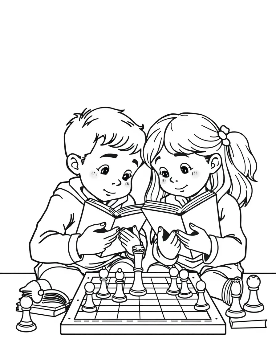The twins studying chess books with Beth