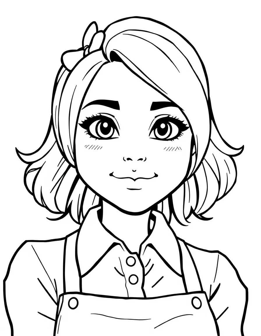 Heather with her deadpan expression and barista uniform
