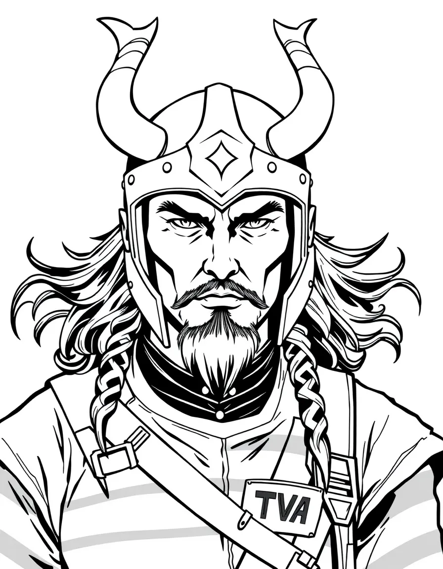 Loki with his horned helmet and TVA prisoner outfit