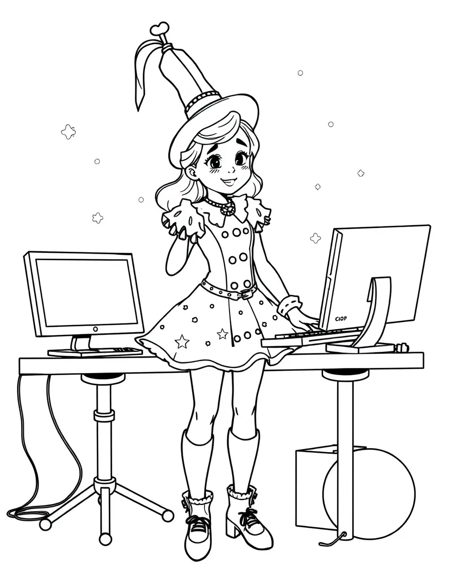Darcy Lewis with her circus outfit and computer setup