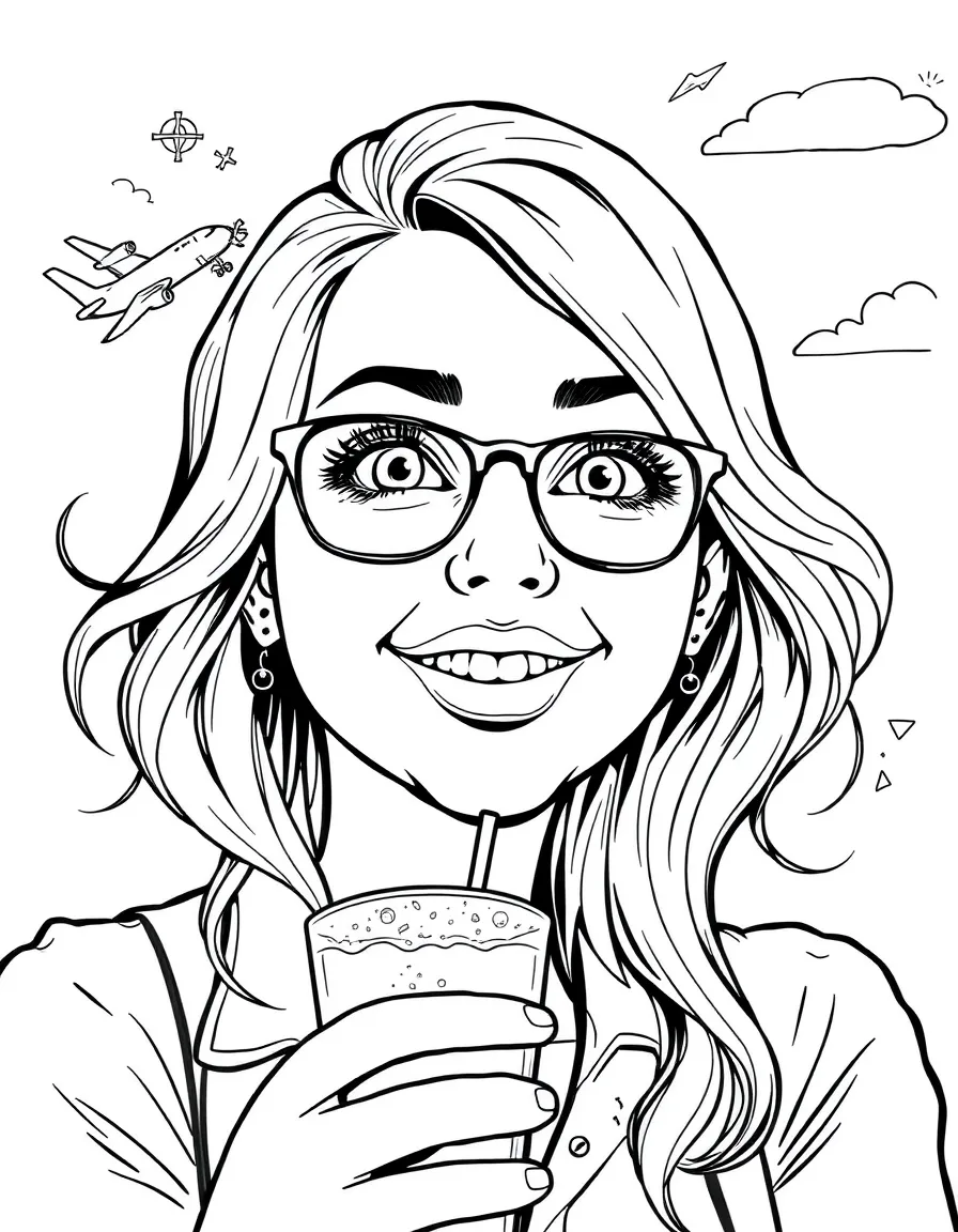 Cassie Bowden with airplane drinks and chaotic expression
