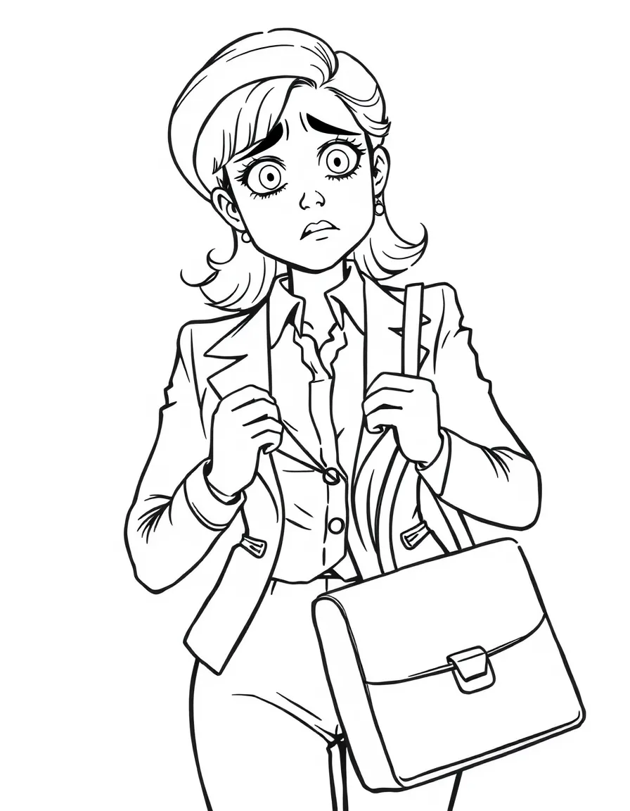 Annie Mouradian with her lawyer briefcase and worried look