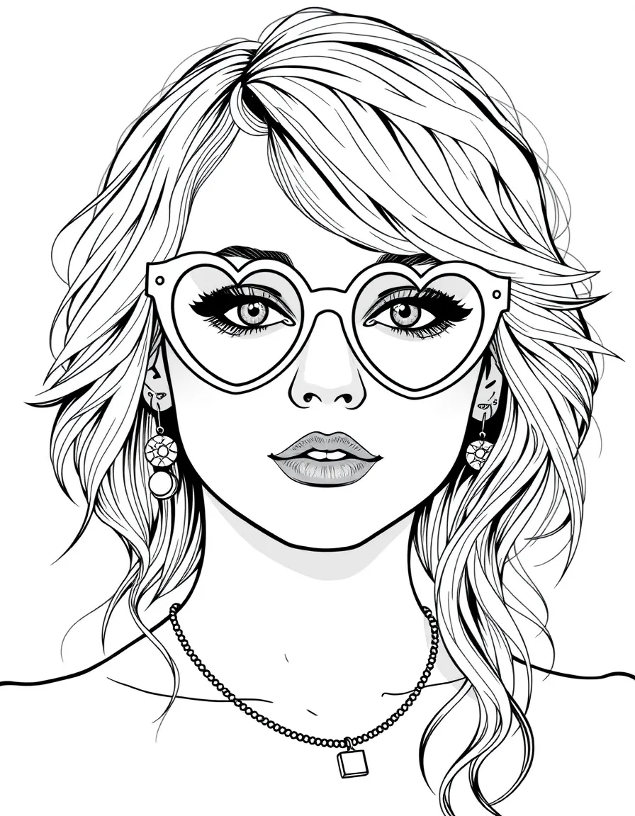 Detailed portrait of Taylor wearing the heart-shaped glasses from "22" music video