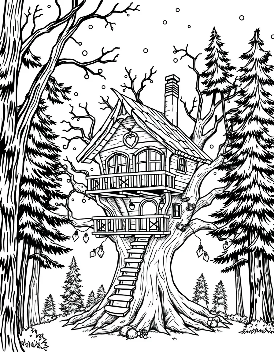 A detailed treehouse with string lights inspired by "Out of the Woods"