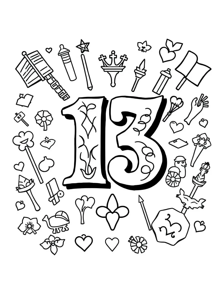 "13" in decorative font surrounded by Taylor's favorite symbols
