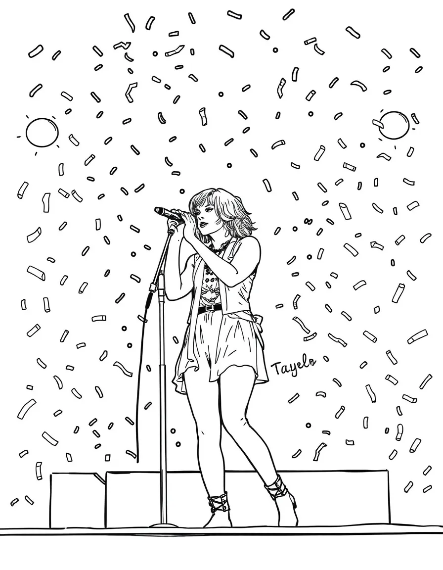Taylor performing on stage with confetti falling during Eras Tour