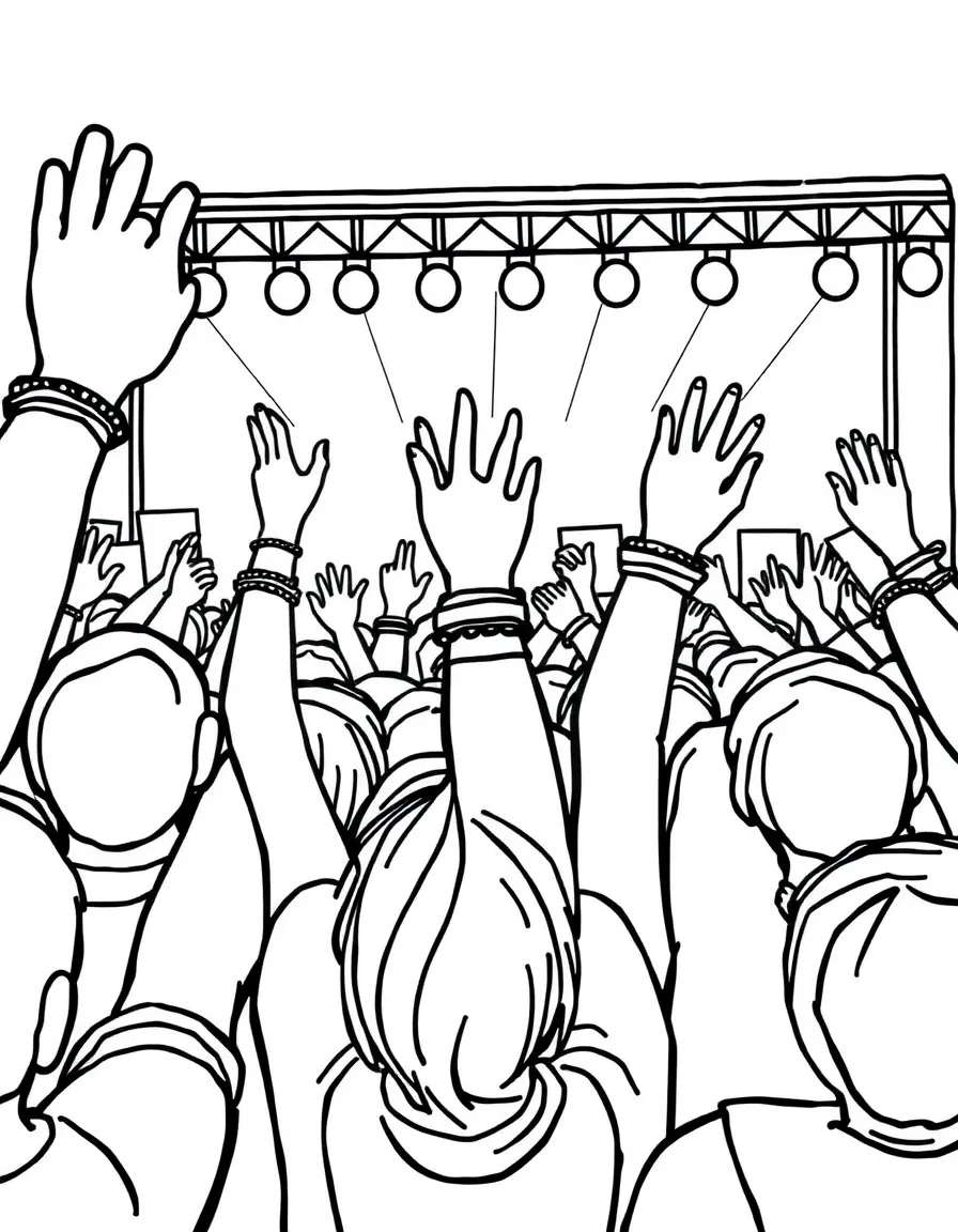 Concert crowd holding up signs and friendship bracelets