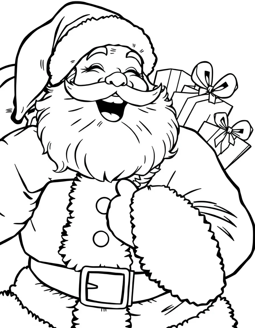 A close-up of Santa Claus laughing heartily while holding a giant sack full of presents.  