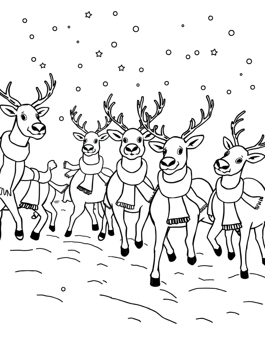 Santa’s reindeer playing in the snow, some wearing Christmas scarves and bells.  