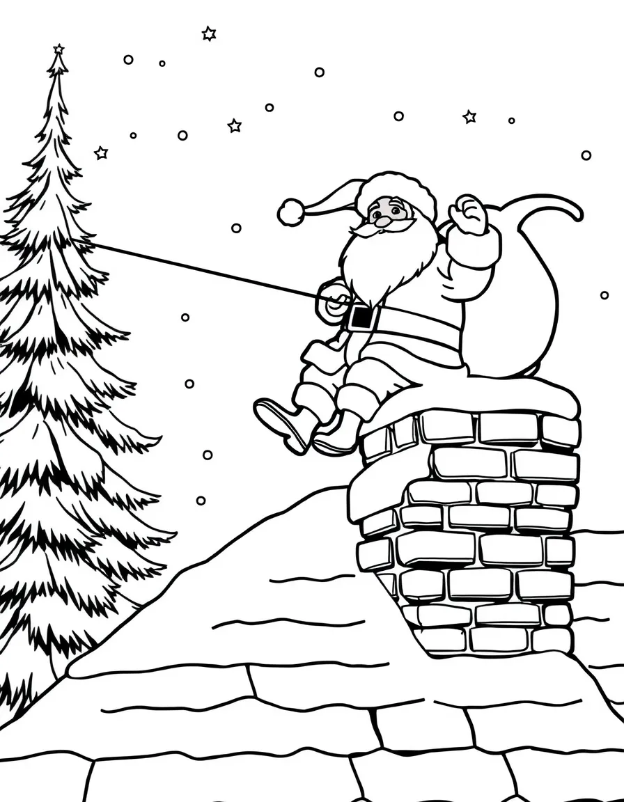 Santa Claus landing his sleigh on a rooftop, getting ready to climb down the chimney.  