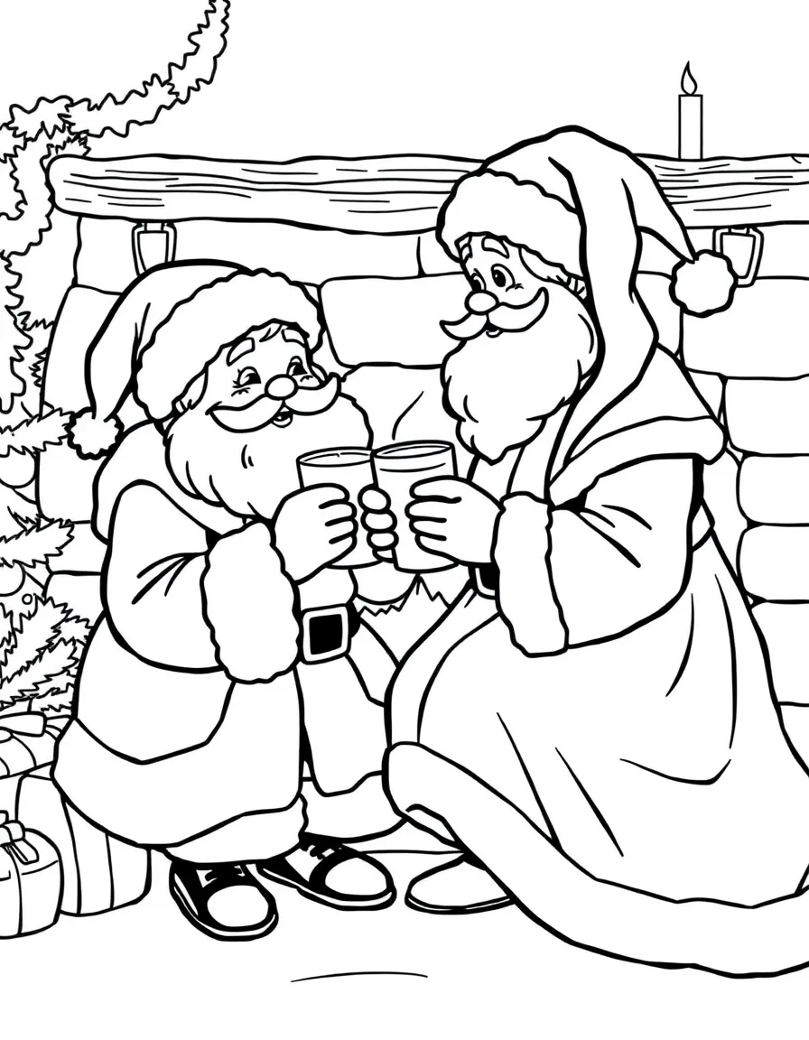 Santa Claus and Mrs. Claus sharing cookies and milk by the fireplace.  