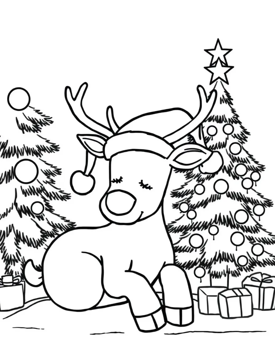 A sleepy reindeer wearing a Santa hat, resting beside a Christmas tree.  